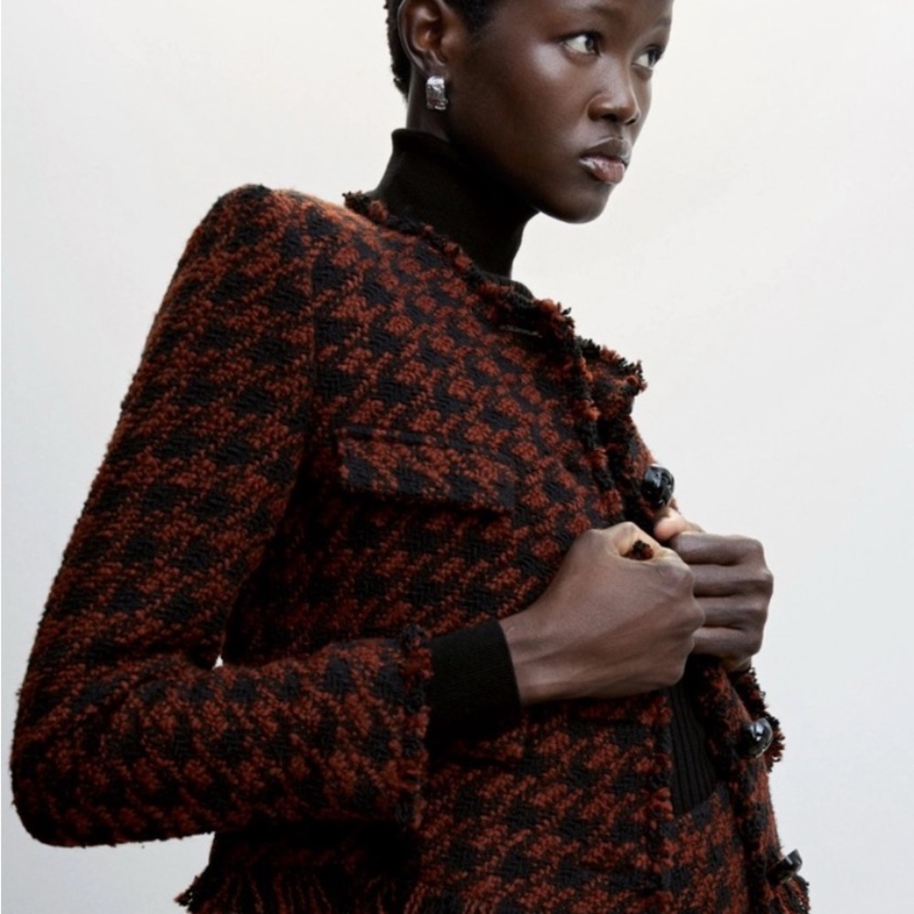 Mango Black and Red houndstooth Tweed Jacket